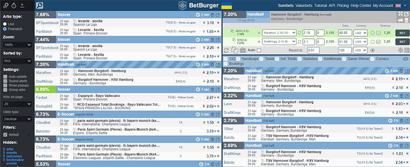 BetBurger betting tool interface