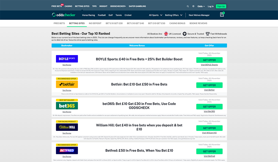 OddsChecker platform for comparing sports betting odds