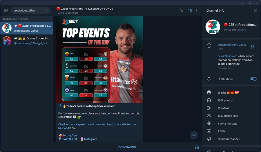 22Bet Telegram channel with over 10,000 members sharing global sports betting tips and soccer predictions