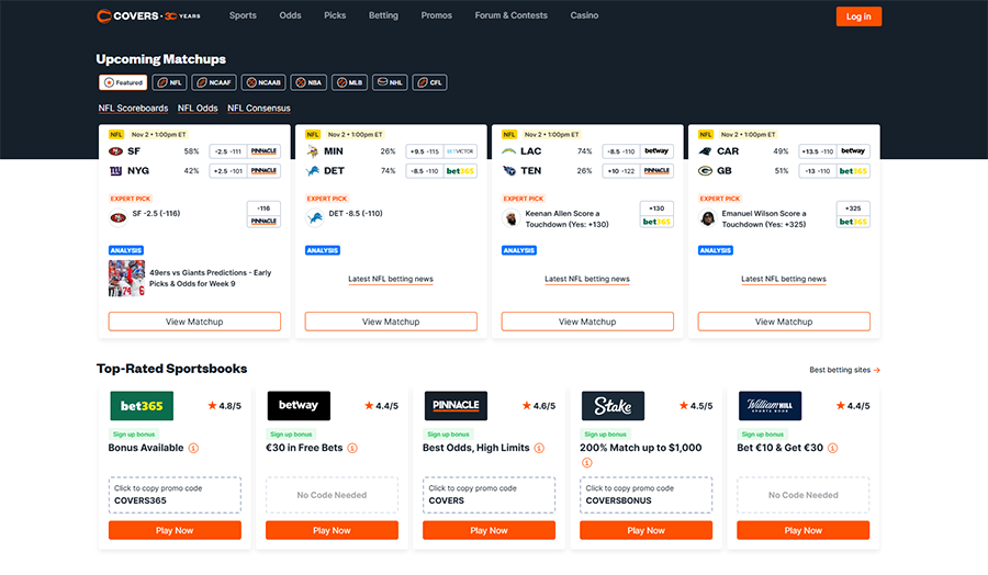 Covers.com website offering sports betting analysis, odds comparison, statistics, articles, videos, and a community forum