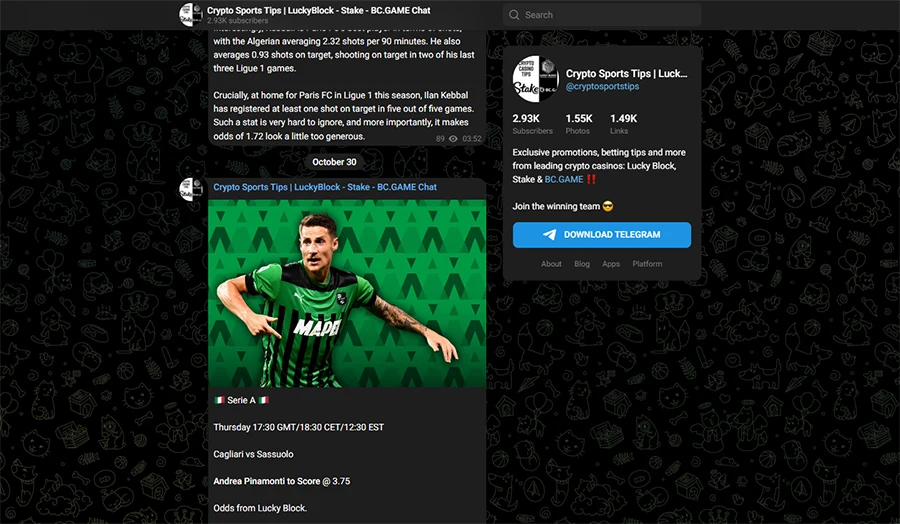 Active Telegram group providing above-average winning tips and updates on football, tennis, and racing