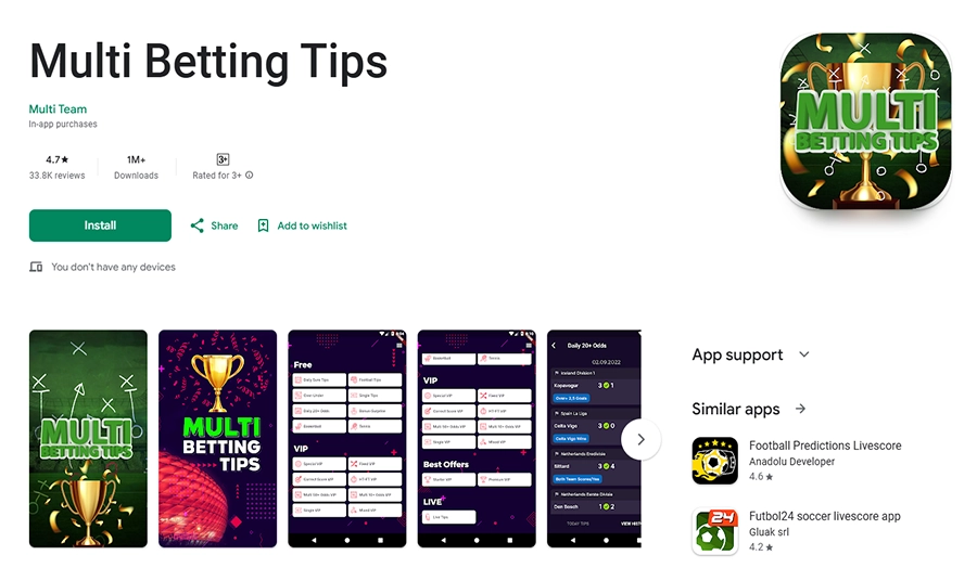 Multi Betting Tips 1x2 app interface showing football and tennis predictions for sportsbook users