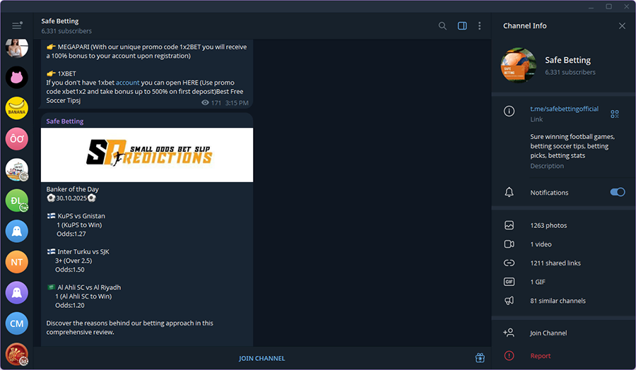 SafeBettingSites Telegram group offering free daily tips for football, horse racing, and top UK sports