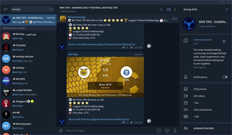 Wintips Telegram group with 1,500 members sharing Asian football betting tips and match odds
