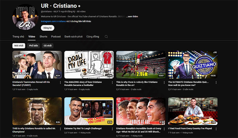 Cristiano Ronaldo's YouTube channel mainly shares videos related to his sports career